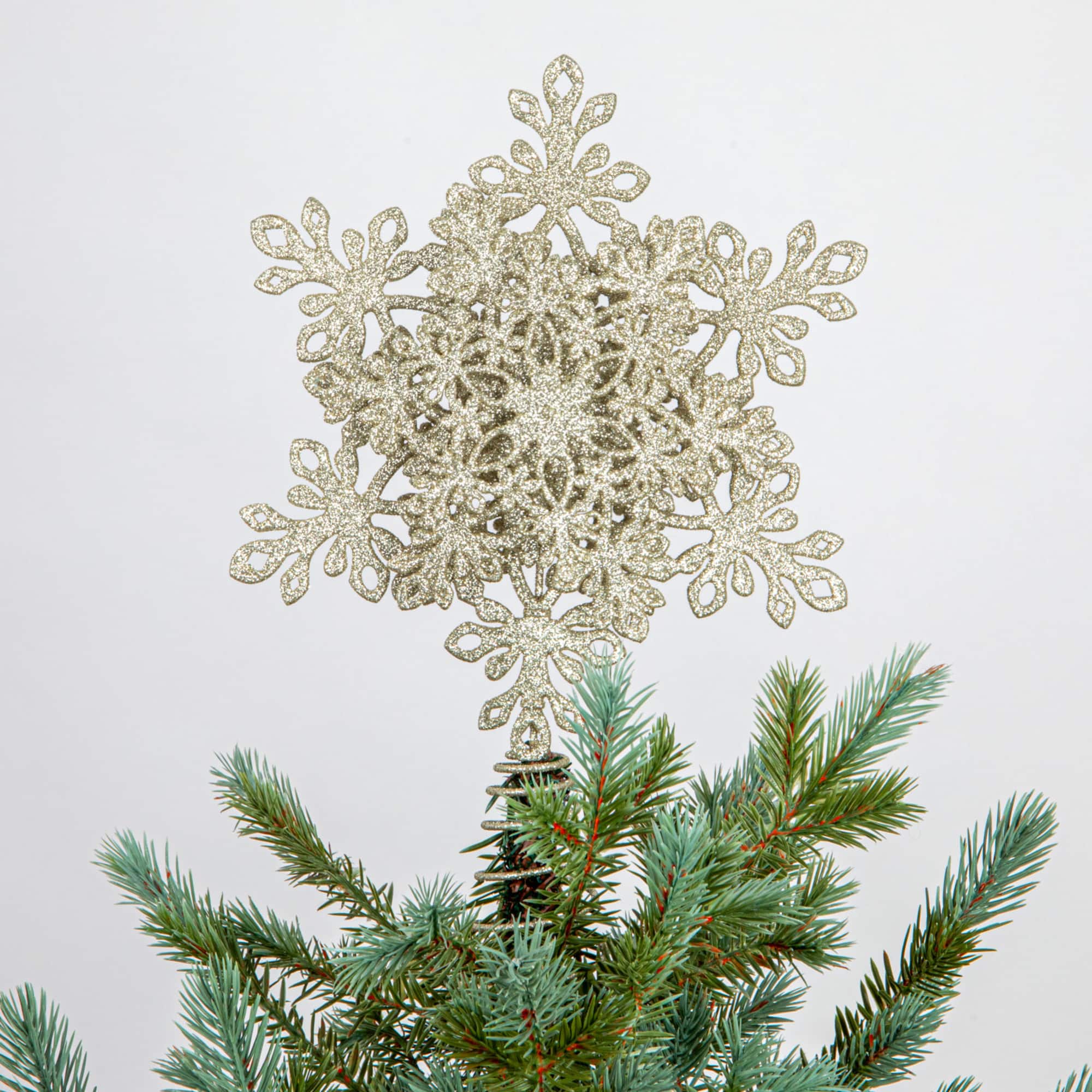 Hello Honey® 13" Champagne Plastic & Metal Snowflake Tree Topper with Glitter